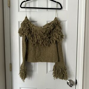 Bershka Olive Fringe Knit Off-Shoulder Top